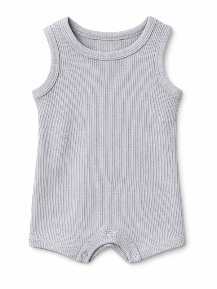 Light gray ribbed tank romper for infants with snap closures at the bottom.