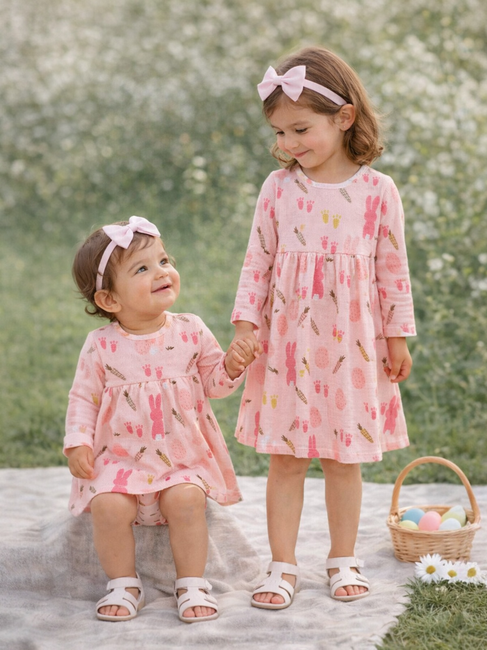 Two young girls in matching pink dresses hold hands, smiling, surrounded by flowers and a basket of colorful eggs.