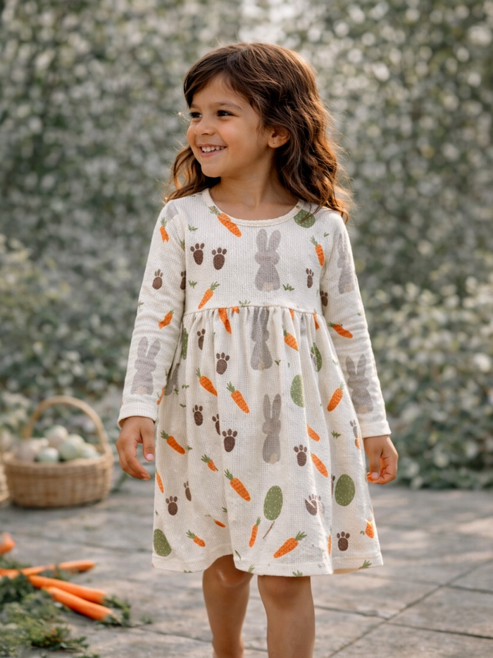 Child wearing a patterned dress with bunnies and carrots, smiling outdoors in a garden setting.