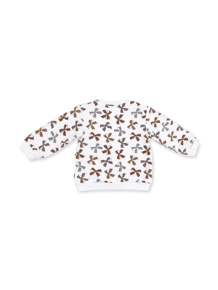 White sweatshirt with a pattern of brown and black butterflies, featuring long sleeves and a rounded neckline.