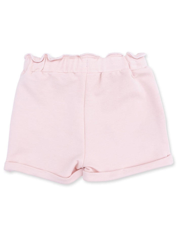 Light pink shorts with a ruffled waistband and rolled hem, designed for comfort and style.