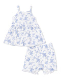 Floral-patterned two-piece outfit with a sleeveless top and matching shorts in white and blue.