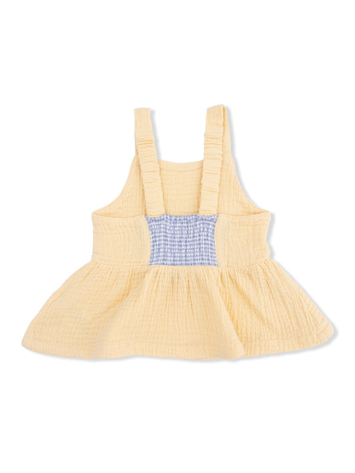 Yellow toddler dress with a blue checked center and ruffled straps, featuring a flared skirt design.