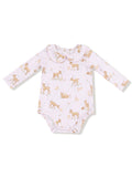 Baby onesie with a light pink background and cute animal prints, featuring deer and other woodland creatures.