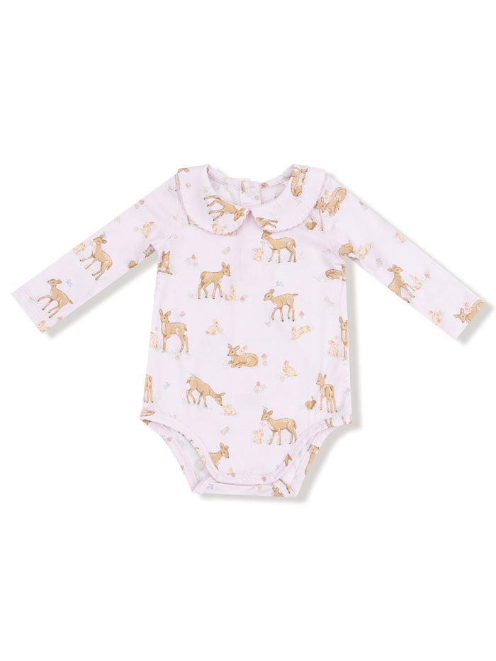 Baby onesie with a light pink background and cute animal prints, featuring deer and other woodland creatures.