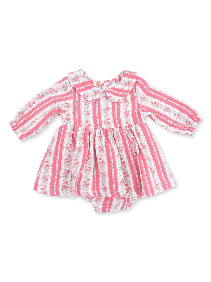 Pink striped baby dress with floral accents and a large collar, perfect for spring outings.