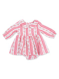 Pink striped baby dress with floral accents and a large collar, perfect for spring outings.