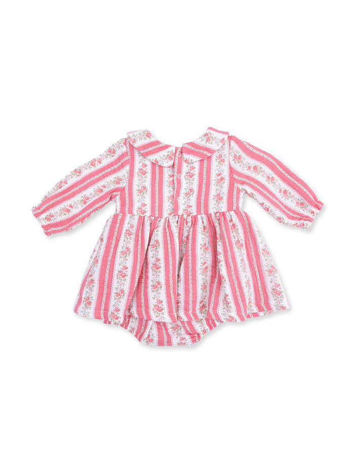 Pink striped baby dress with floral patterns and a collar, featuring a button closure at the back.