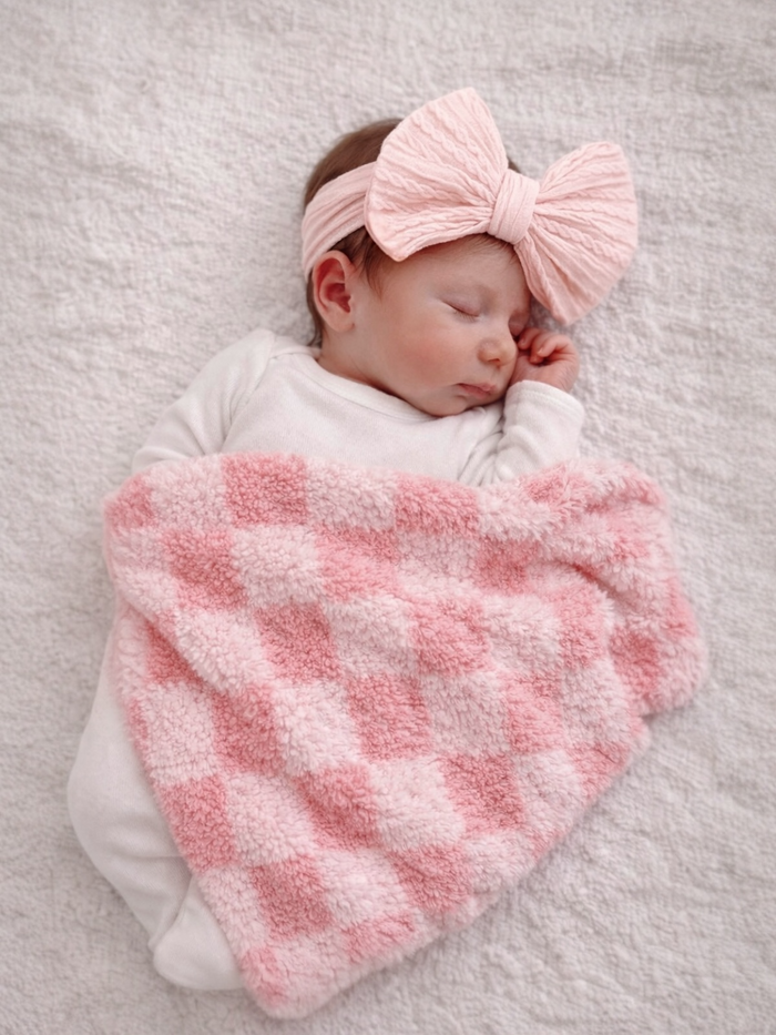 Sleeping baby wrapped in a pink checkered blanket, wearing a large pink bow headband on a soft white surface.