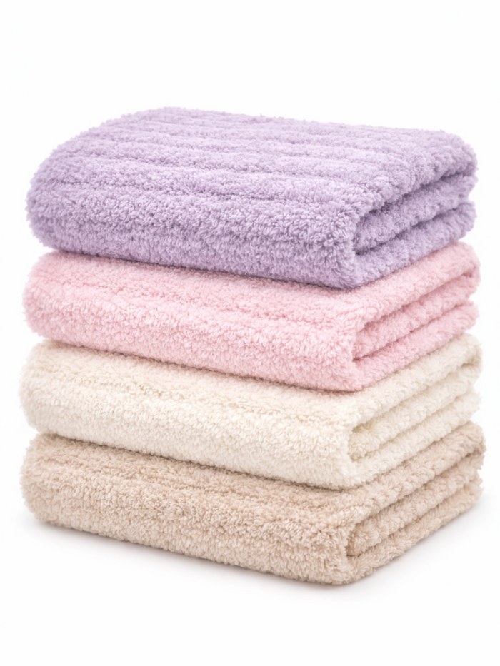 Four stacked plush towels in lavender, pink, cream, and beige hues against a white background.