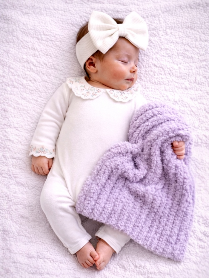 Infant girl in white outfit and bow, peacefully sleeping on a soft blanket, holding a lavender knitted blanket.