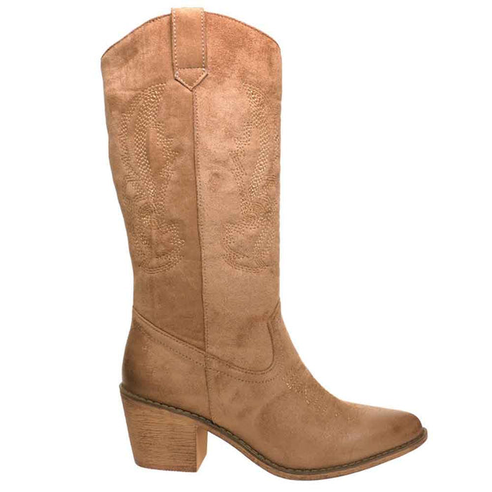 A brown leather cowgirl boot with embroidered shaft detail and a pointed toe.