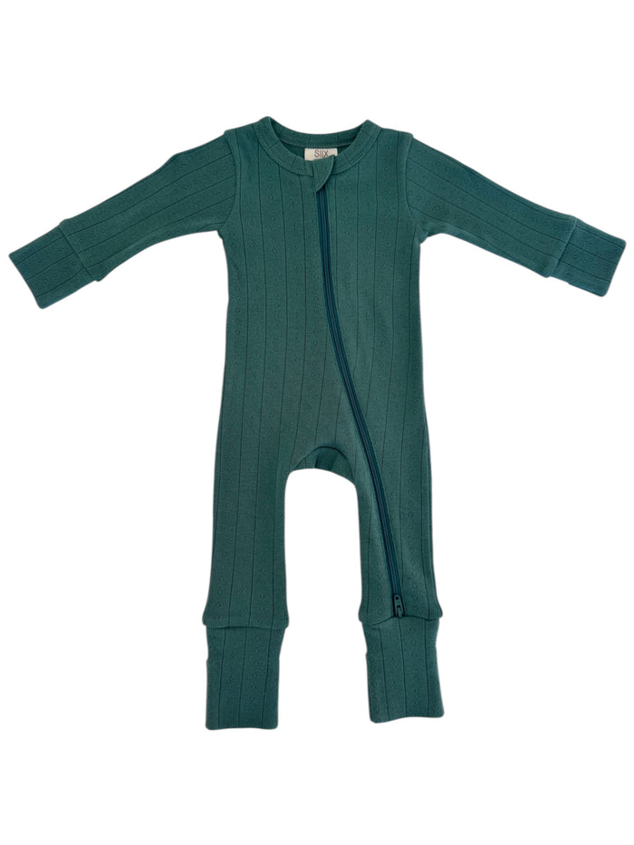 Teal ribbed baby onesie featuring a front zipper and long sleeves. Ideal for comfort and warmth.