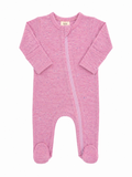 Pink baby onesie with long sleeves and zipper front, featuring footed design and soft, speckled fabric.