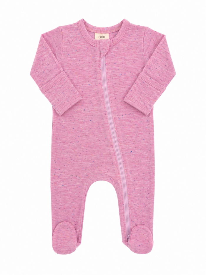 Pink baby onesie with long sleeves and zipper front, featuring footed design and soft, speckled fabric.