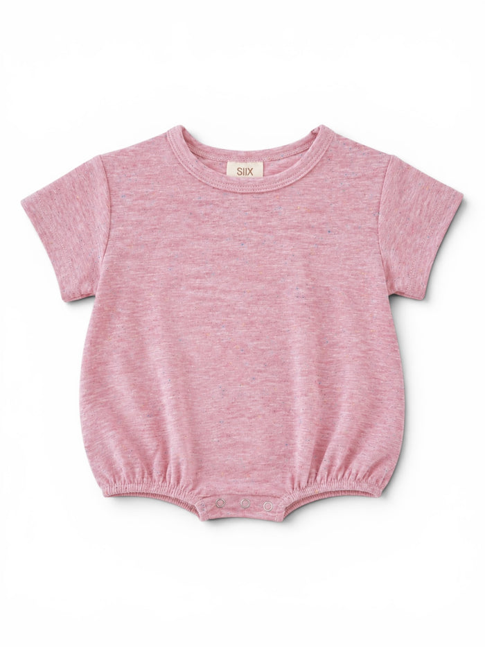 Light pink short-sleeve baby bodysuit with elasticated bottom and snap closures. Ideal for comfort and style.