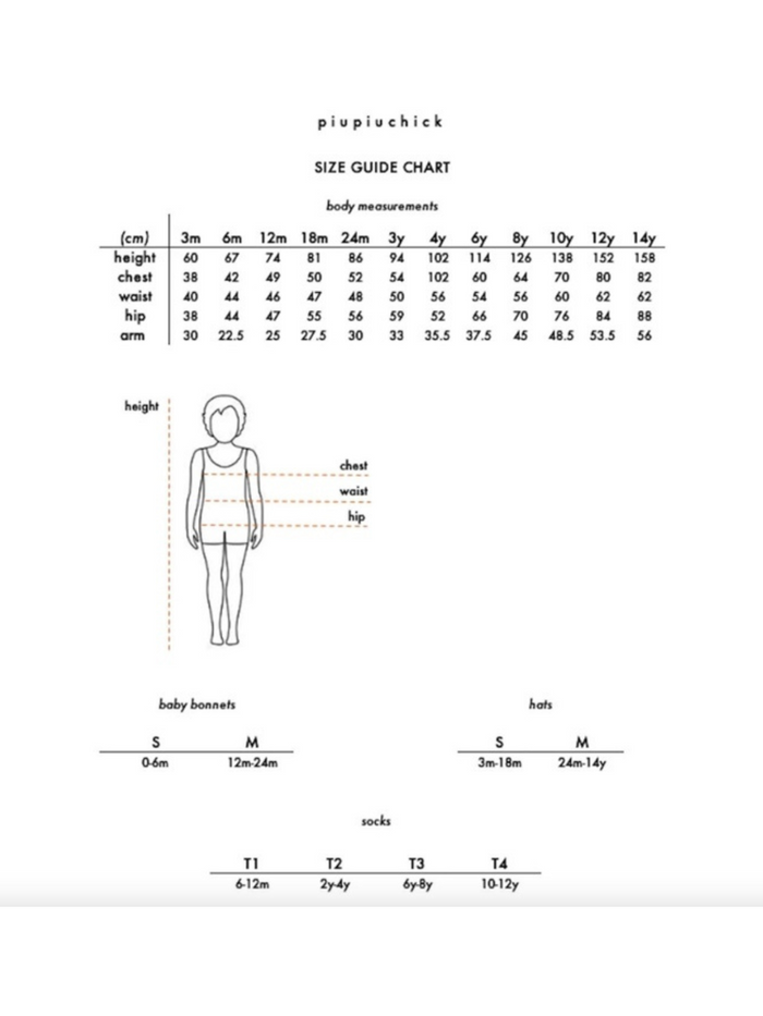 Size guide chart with body measurements for children, including height, chest, waist, hip, and arm sizes.