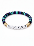 Colorful beaded bracelet with black and gold accents, featuring the word "WICKED" in white letters.