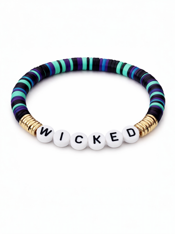 Colorful beaded bracelet with black and gold accents, featuring the word "WICKED" in white letters.