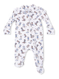 White infant onesie with a colorful cowboy boot pattern and long sleeves.