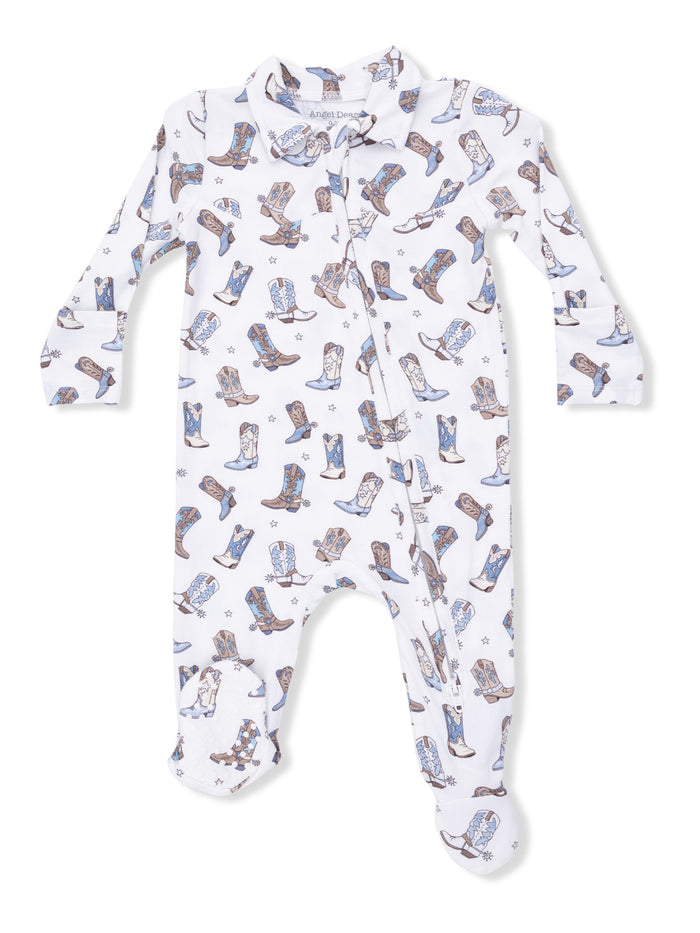 White infant onesie with a colorful cowboy boot pattern and long sleeves.