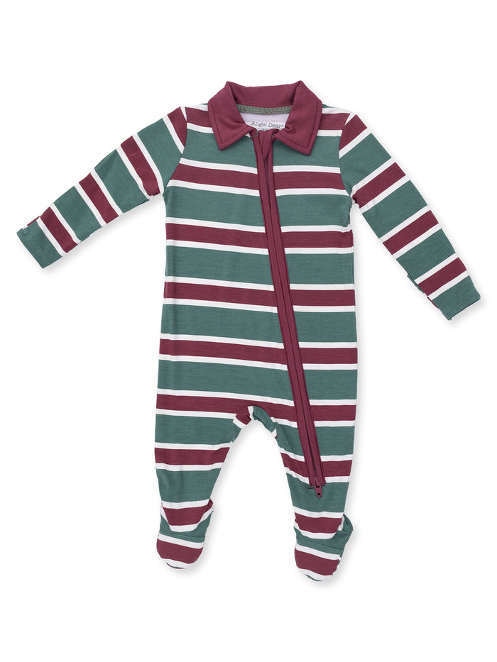 Striped infant onesie in green, burgundy, and white with a front zipper and collar. Perfect for comfort and style.