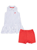 Girls' striped dress with collar and ruffled hem, paired with red shorts. Ideal for casual summer outings.