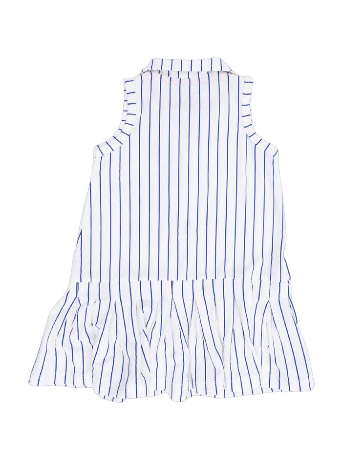 White sleeveless dress with blue vertical stripes and a ruffled hem, viewed from the back.