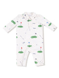 White long-sleeve onesie with golf-themed graphics of putting greens, flags, and the word "FORE!" printed throughout.