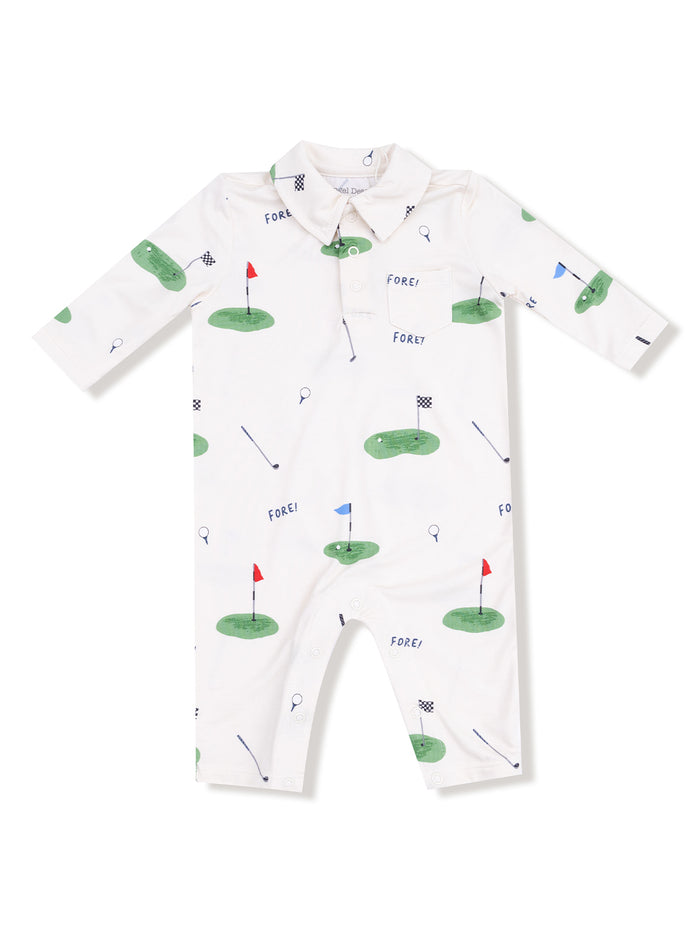 White long-sleeve onesie with golf-themed graphics of putting greens, flags, and the word "FORE!" printed throughout.