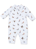 Light blue baby romper with various colorful duck illustrations, featuring a collar and front pocket.