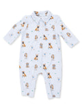 Light blue baby romper with a playful dog print, featuring various breeds and a classic collar design.