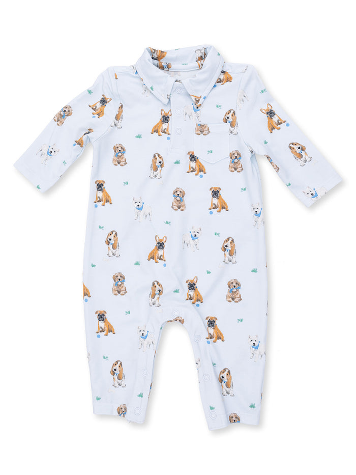 Light blue baby romper with a playful dog print, featuring various breeds and a classic collar design.