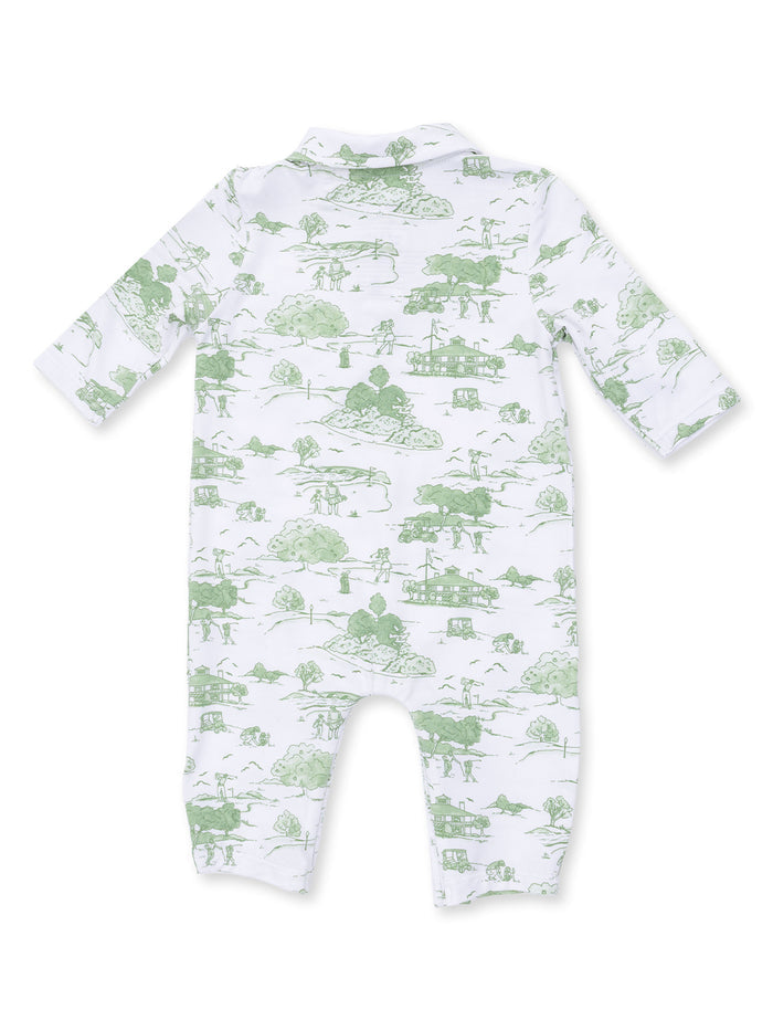 Back view of a children's romper with green outdoor-themed illustrations on a white background.