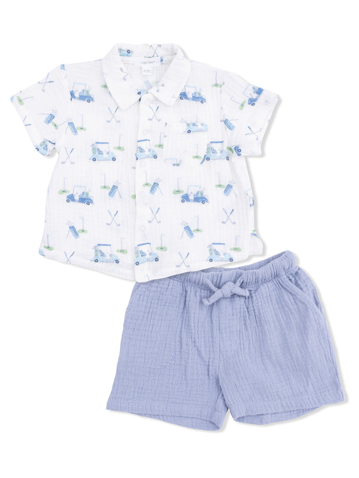 Boys' golf-themed shirt and light blue shorts set for casual wear, featuring colorful golf cart prints.