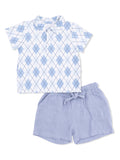 Light blue argyle shirt with matching shorts, ideal for casual summer wear.