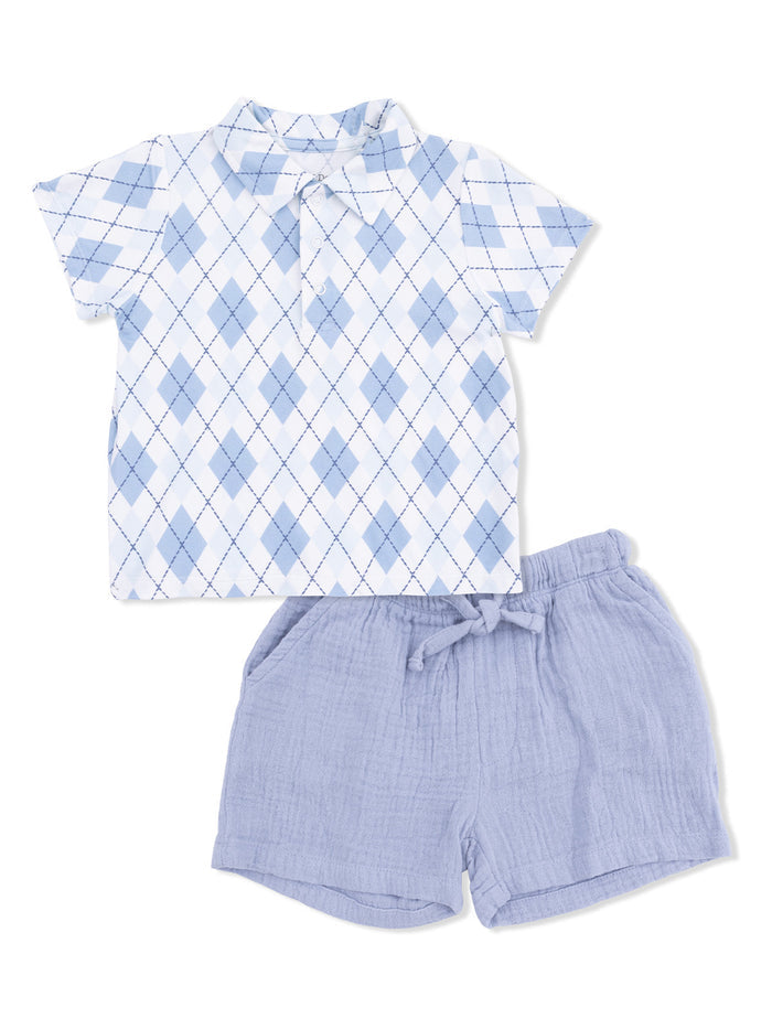 Light blue argyle shirt with matching shorts, ideal for casual summer wear.