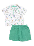 Children's outfit featuring a playful dog-themed polo shirt and soft green shorts. Ideal for casual wear.