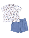 Children's short-sleeve shirt with cowboy boot print and matching blue shorts. Perfect for summer wear.