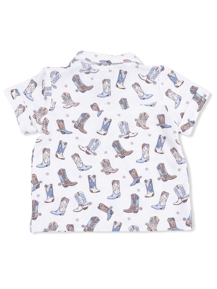 White short-sleeve shirt featuring a playful pattern of cowboy boots in various colors.