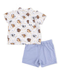 Children's outfit featuring a short-sleeve shirt with animal print and light blue shorts. Comfortable and stylish.