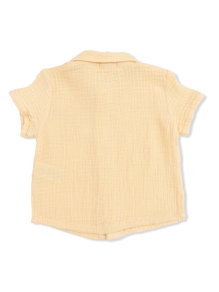Light yellow short-sleeve shirt with a collar, viewed from the back.