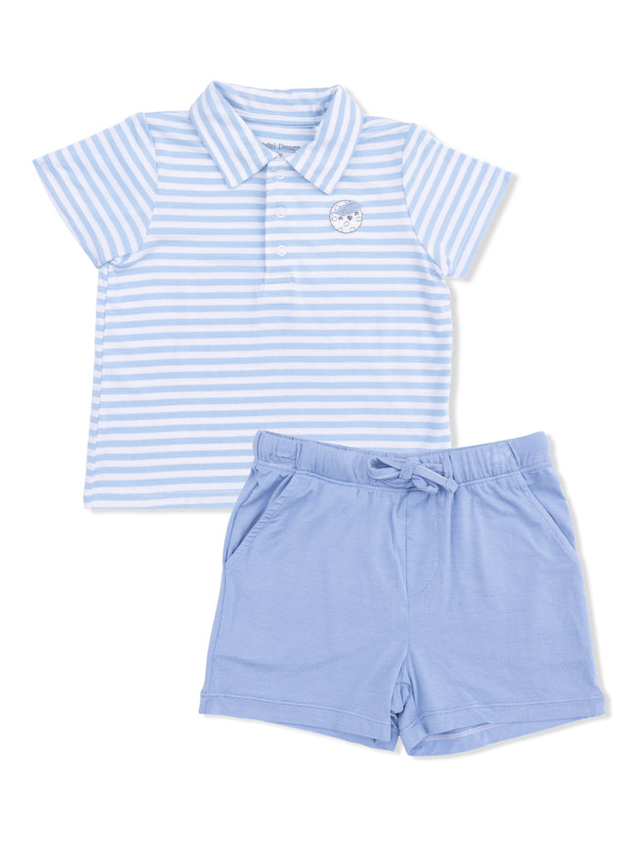 Light blue striped polo shirt with matching shorts for kids, featuring a playful embroidered design.