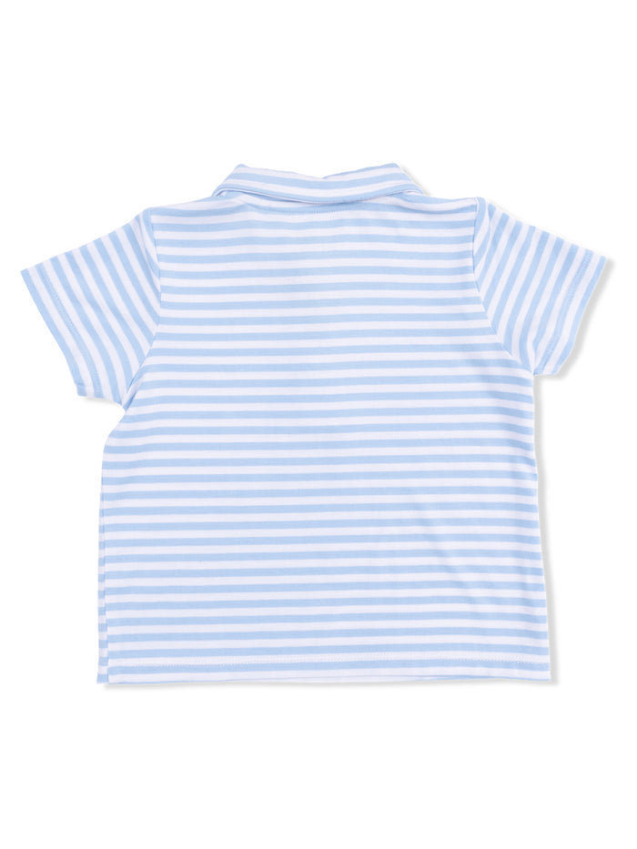 Light blue and white striped short-sleeve polo shirt viewed from the back.