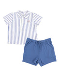 Boys' outfit featuring a striped polo shirt and blue shorts. Ideal for casual summer wear.