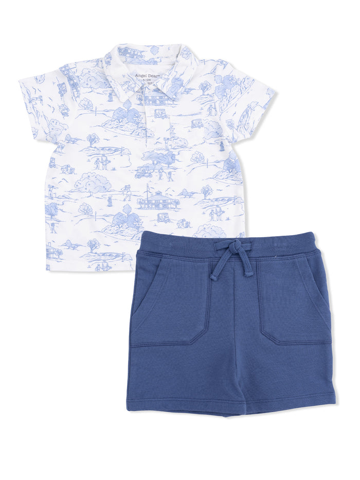 Light blue printed shirt paired with blue shorts, ideal for casual summer wear.