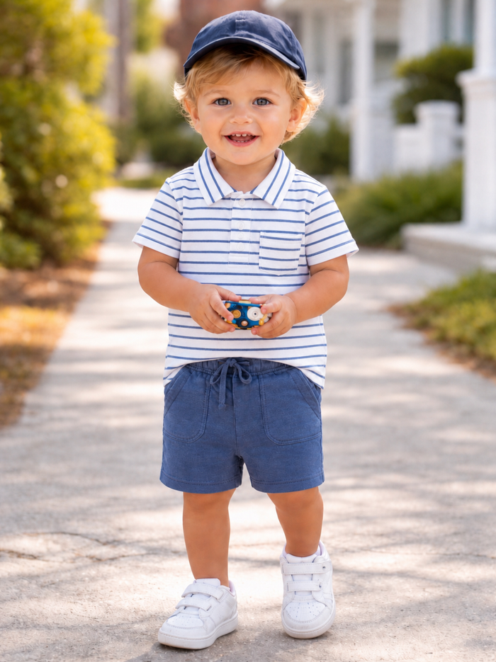 Smiling toddler in a striped polo and shorts, holding a toy, walking on a sunny sidewalk.