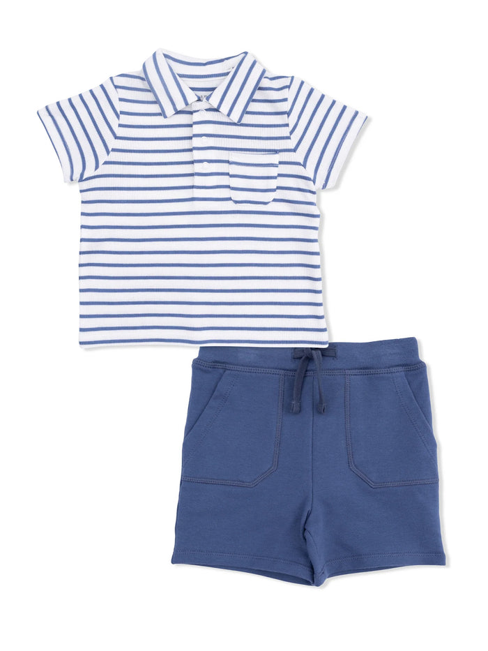 Striped polo shirt and blue shorts set for kids, perfect for casual and comfortable summer wear.