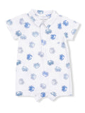 White baby onesie with blue crab print and a polo collar design. Ideal for summer and beach outings.