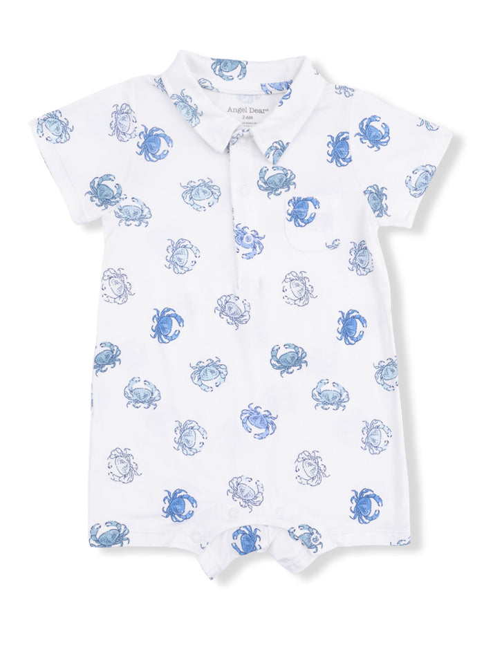 White baby onesie with blue crab print and a polo collar design. Ideal for summer and beach outings.